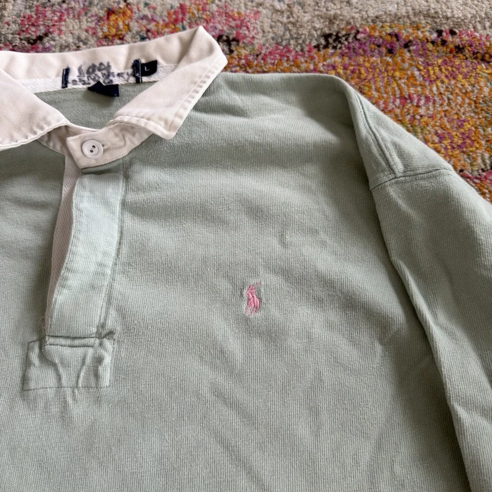 Vintage Polo Ralph Lauren Rugby Shirt Mens Large Green Long Sleeve Pink Pony